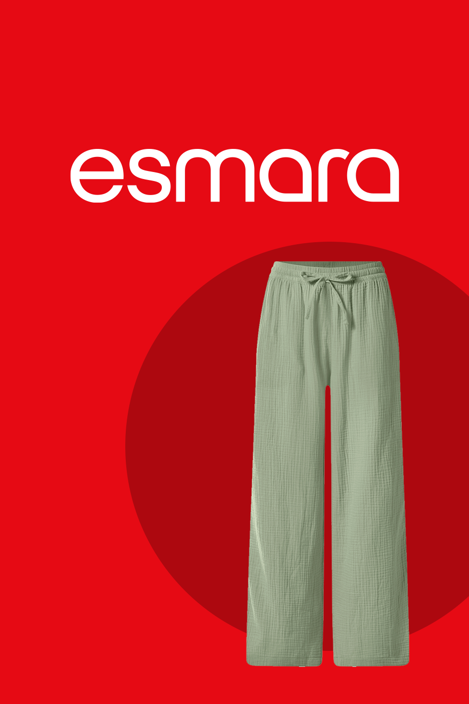 Esmara logo un gaiši zaļas, platas bikses ar savelkamu jostasvietu.
