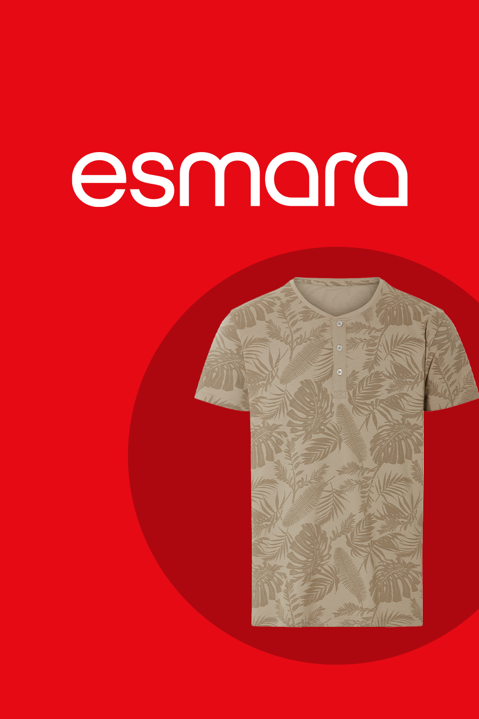 Smilškrāsas vīriešu T-krekls ar lapu apdruku uz sarkana fona.