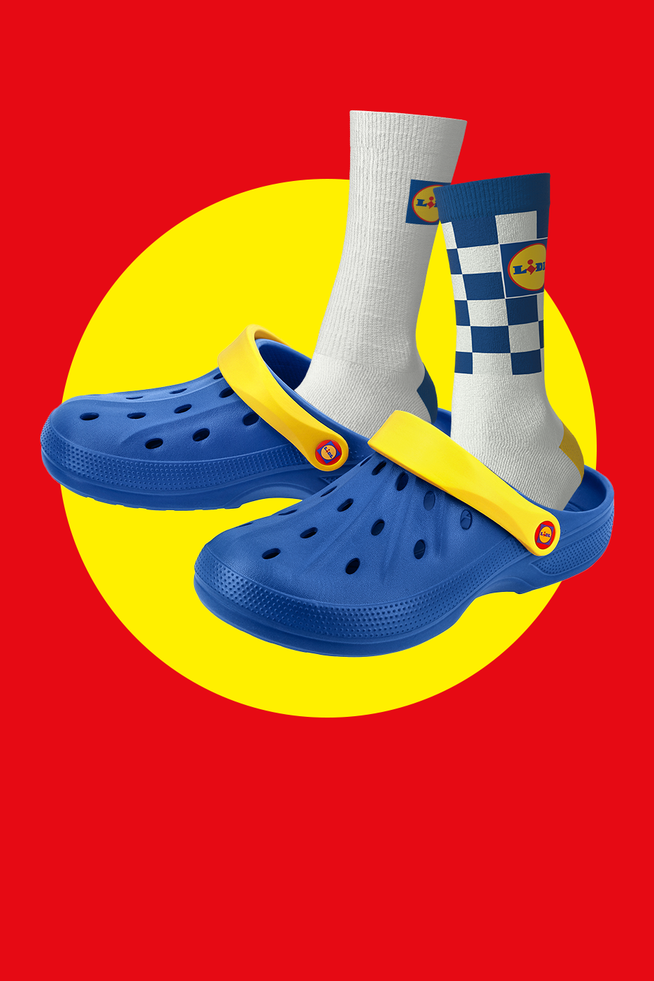 Zili klogi ar dzeltenām siksniņām un zeķes ar logotipu uz sarkana fona ar dzeltenu apli.