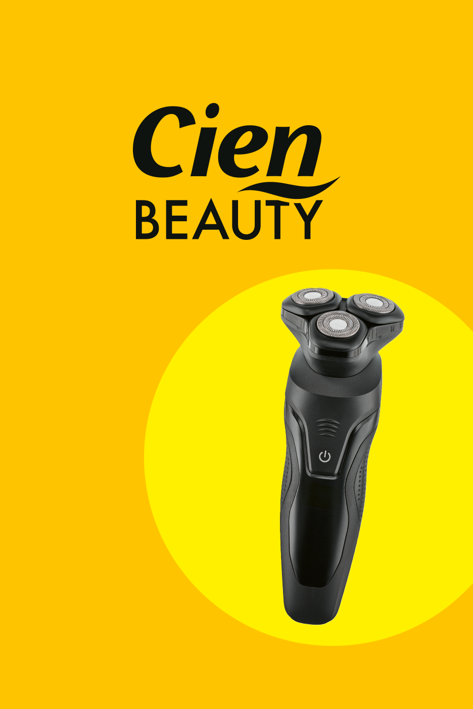 Elektriskais skuveklis uz dzeltena fona ar logotipu 'Cien Beauty'.