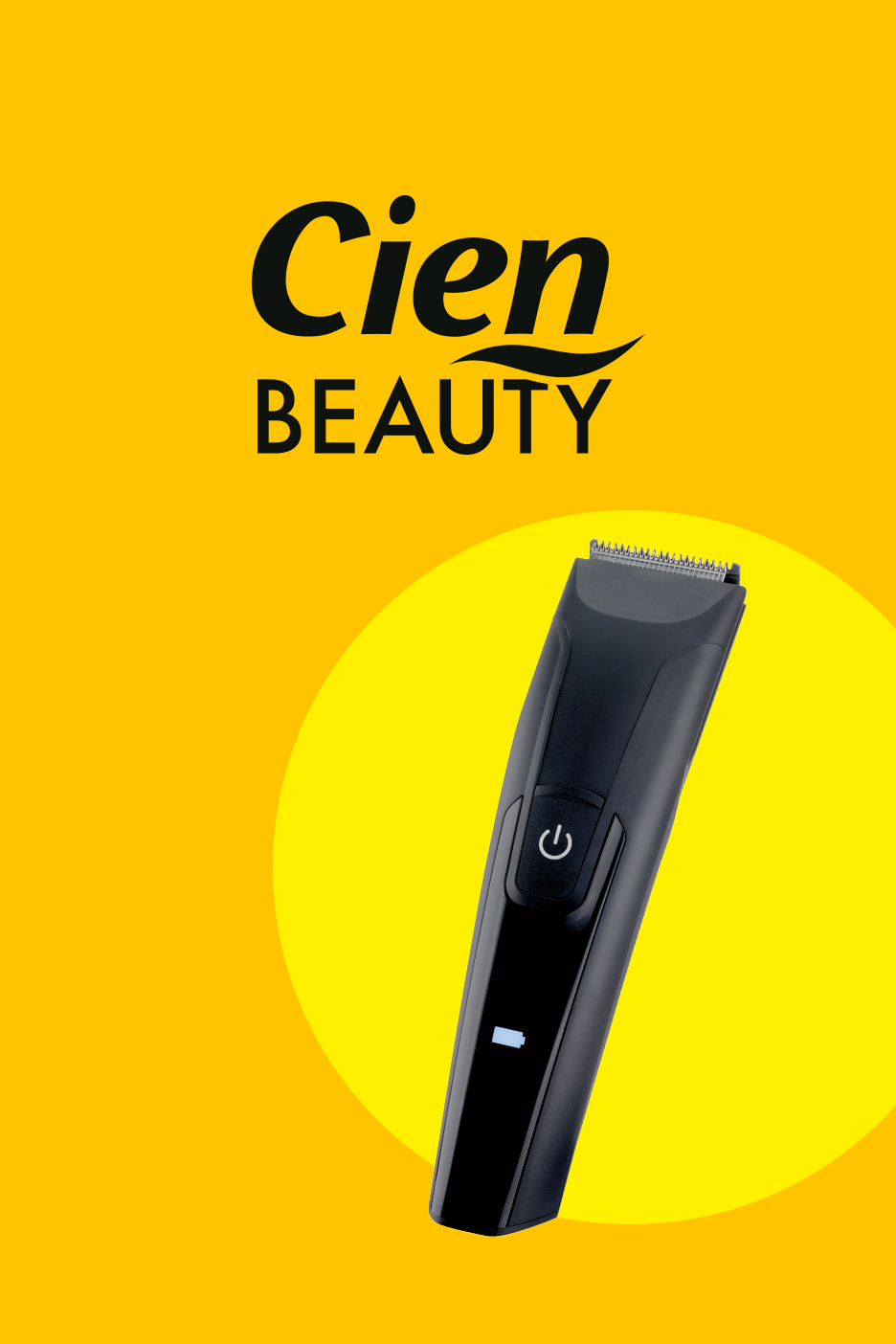 Melns bārdas trimmeris uz dzeltena fona ar uzrakstu BEAUTY