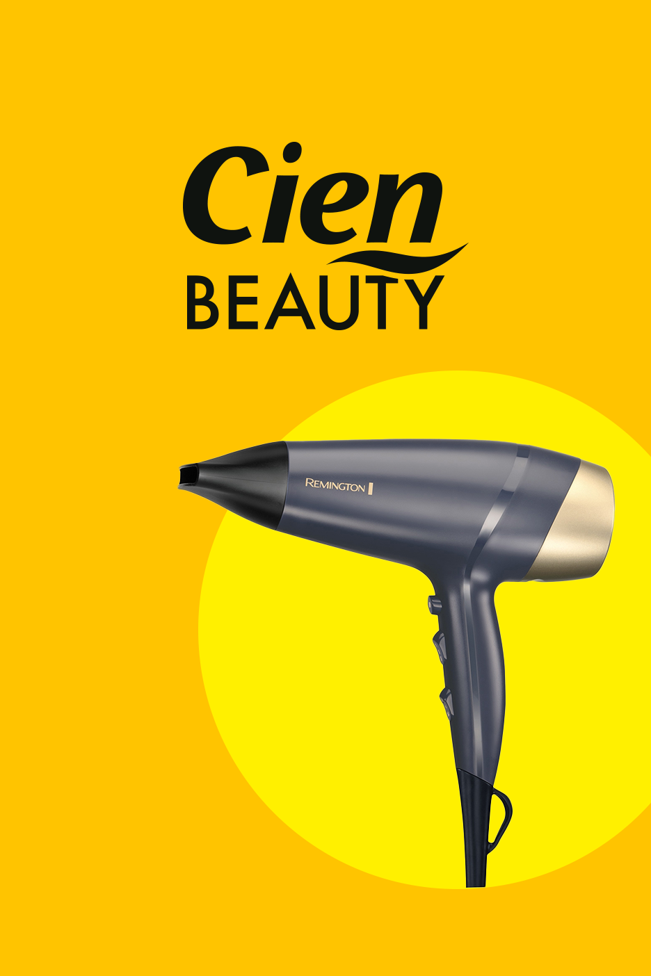 Matu fēns uz dzeltena fona ar uzrakstu Cien Beauty.