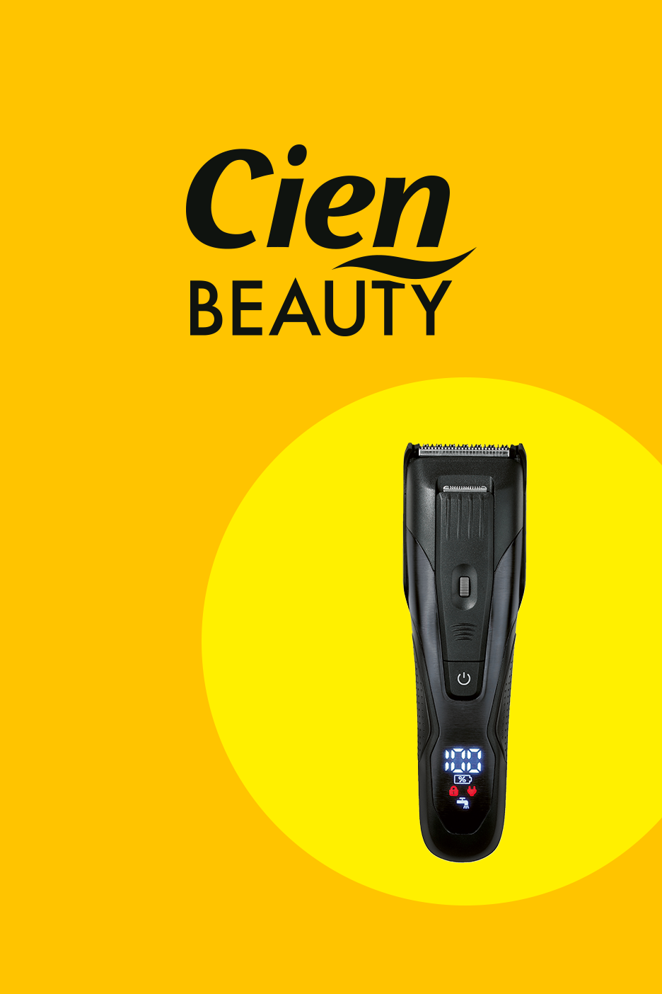 Dzeltenā fonā melns skuveklis ar digitālo displeju un uzrakstu 'BEAUTY'.