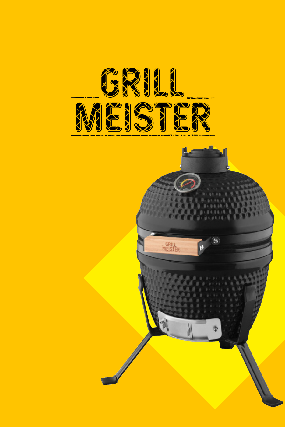 Melns keramikas grils uz dzeltena fona ar uzrakstu 'GRILL MEISTER'.