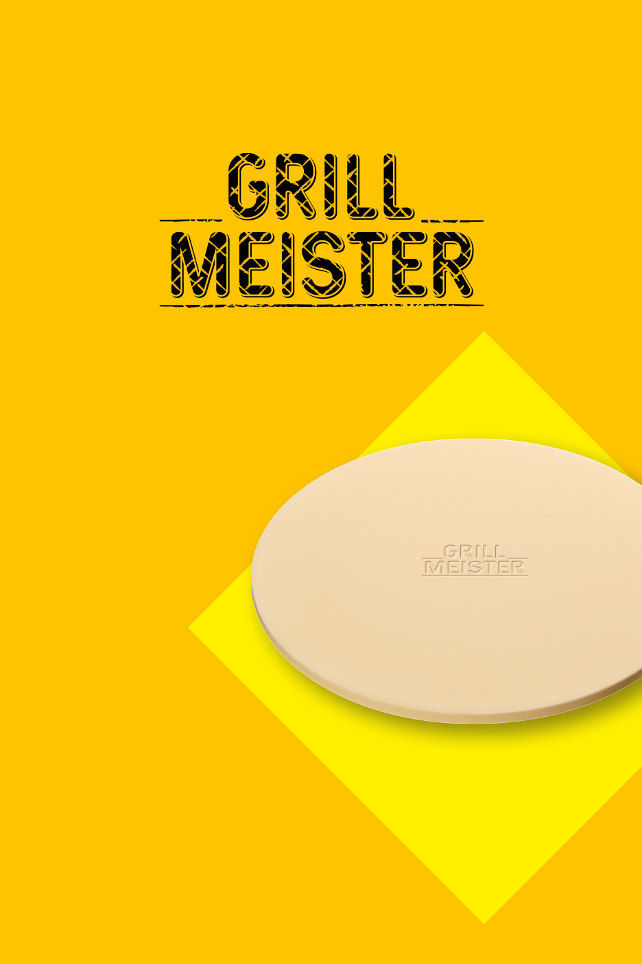 Apaļš picas akmens uz dzeltena fona ar uzrakstu 'GRILL MEISTER'.