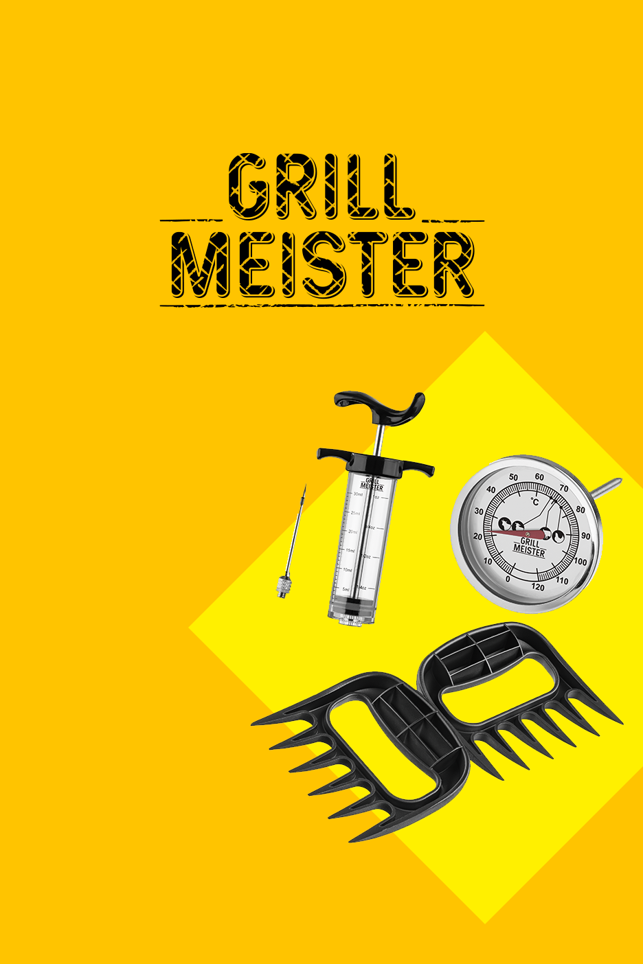 Grila komplekts ar marinādes injektoru, termometru un gaļas nagiem uz dzeltena fona ar uzrakstu «GRILL MEISTER».