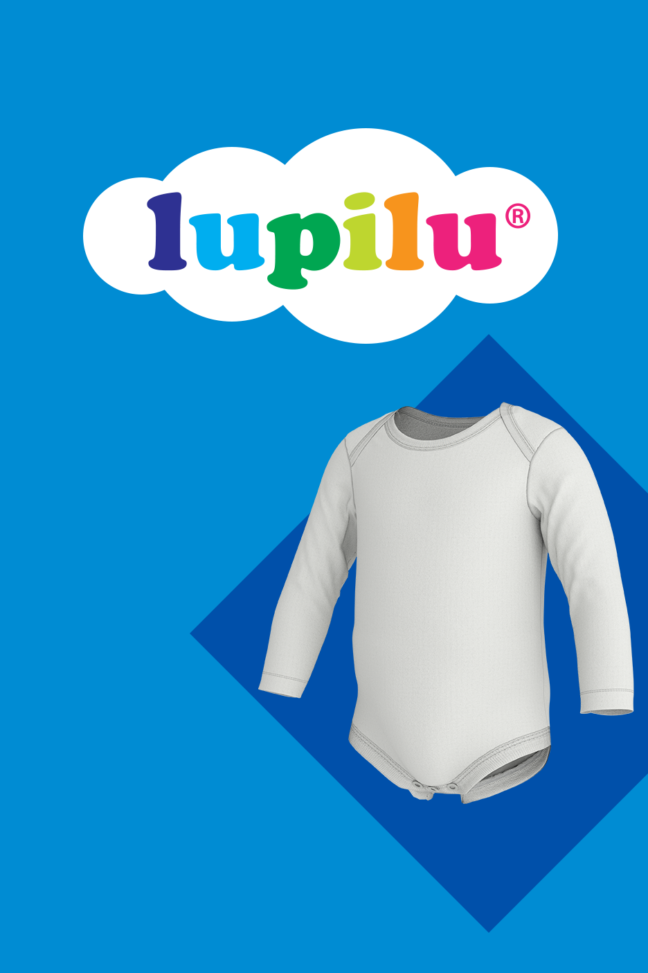 Balts bērnu bodijs ar garām piedurknēm uz zila fona ar mākonīti un uzrakstu.