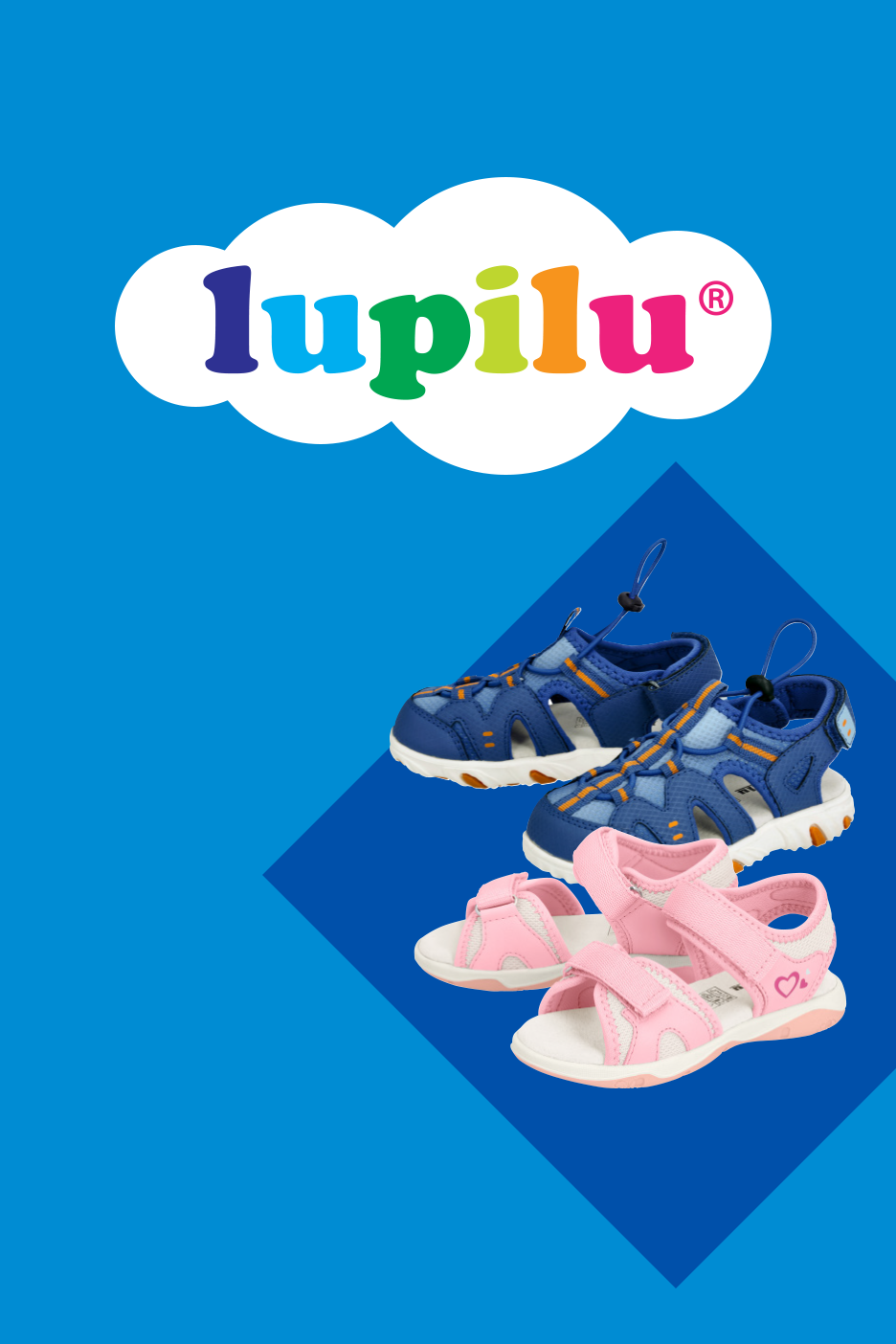 Bērnu sandales: zilas zēniem un rozā meitenēm, uz zila fona ar mākoņa logotipu.