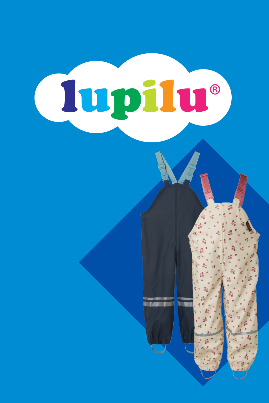 Divi bērnu kombinezoni ar lencēm: tumši zils un bēšs ar ziedu rakstu, uz zila fona ar mākoņa logotipu.