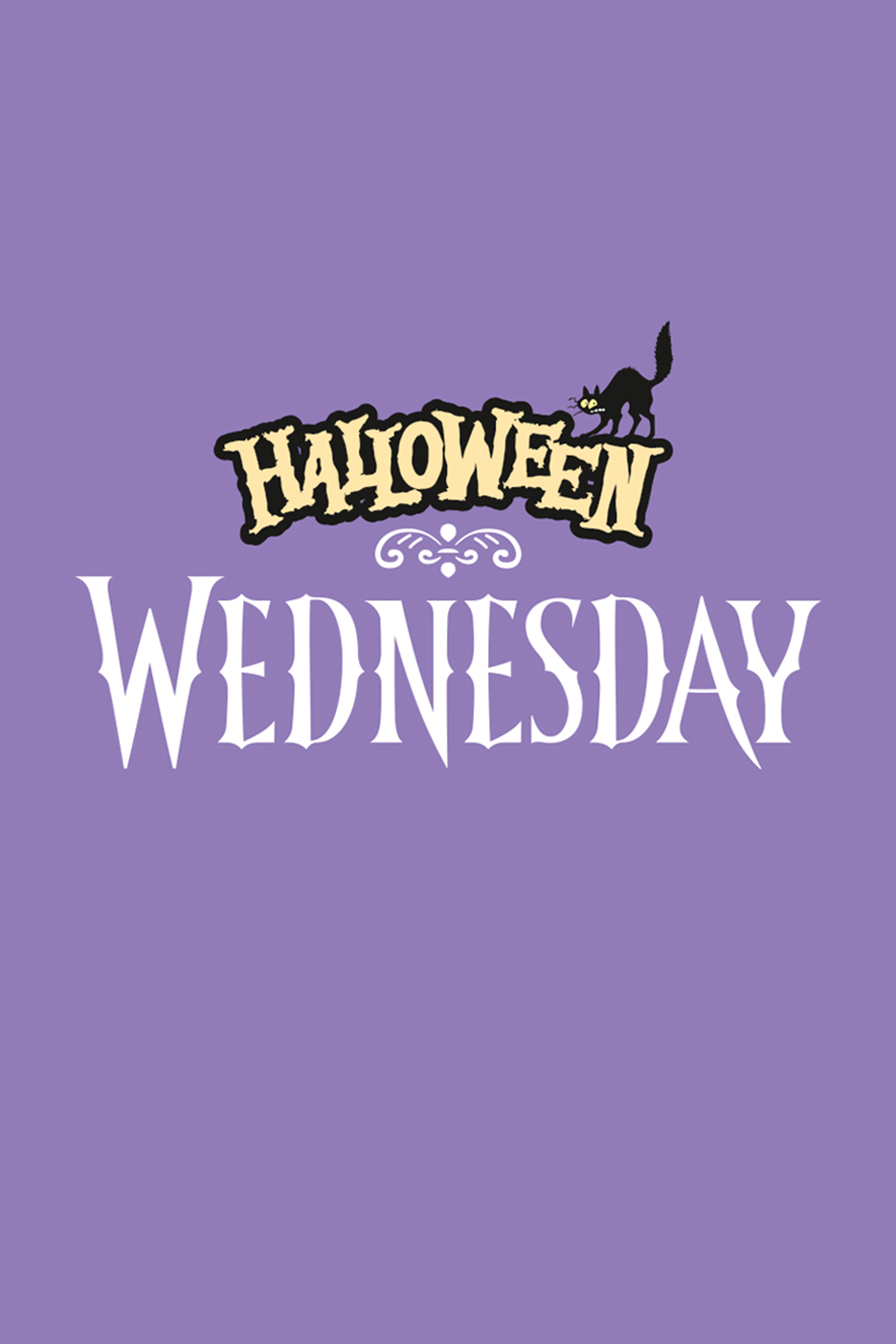 Violets fons ar uzrakstu 'HALLOWEEN WEDNESDAY' un melnu kaķi.