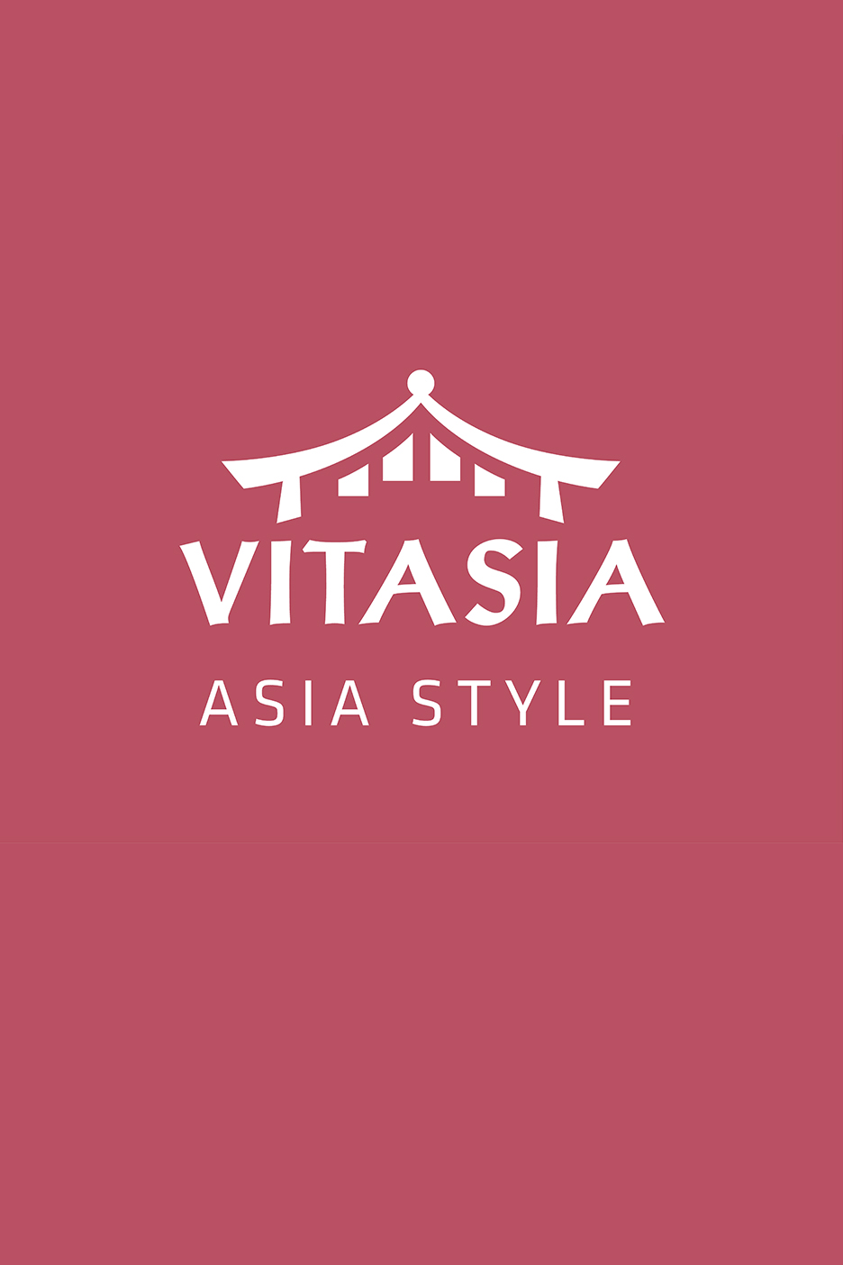 Logo ar Āzijas stila jumtu un tekstu 'VITASIA ASIA STYLE' uz sarkana fona.