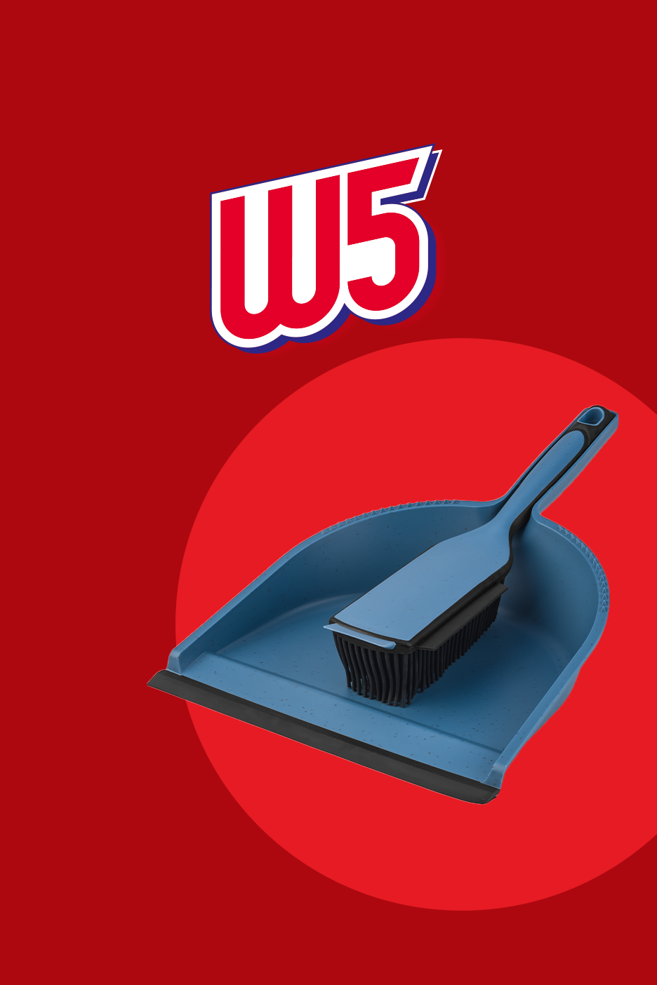 Zils liekšķere un birste uz sarkana fona ar W5 logotipu.