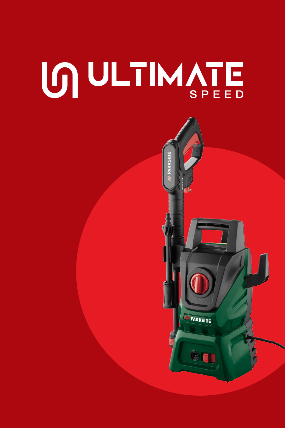 Augstspiediena mazgātājs ar pistoli uz sarkana fona ar uzrakstu 'ULTIMATE SPEED'.