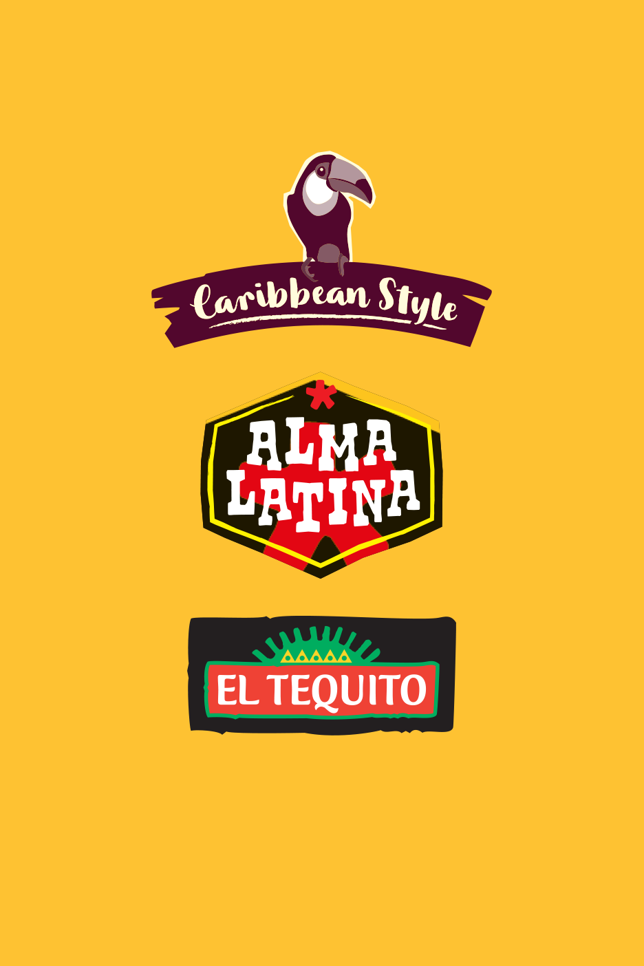 Trīs logotipi ar tukanu, uzrakstu 'ALMA LATINA' un uzrakstu 'EL TEQUITO' uz dzeltena fona.