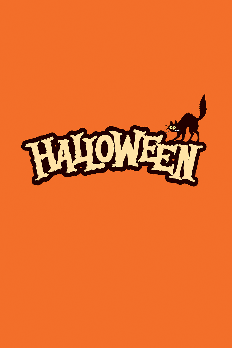 Helovīna tēmas ilustrācija ar uzrakstu 'Halloween' un melnu kaķi uz oranža fona.