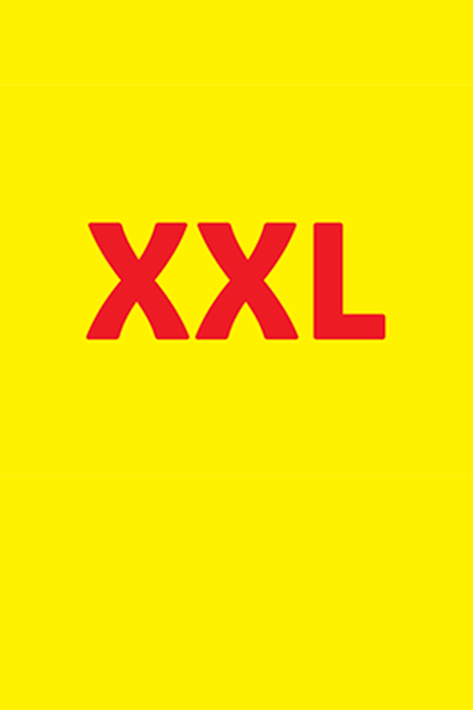 Sarkans teksts 'XXL' uz dzeltena fona.