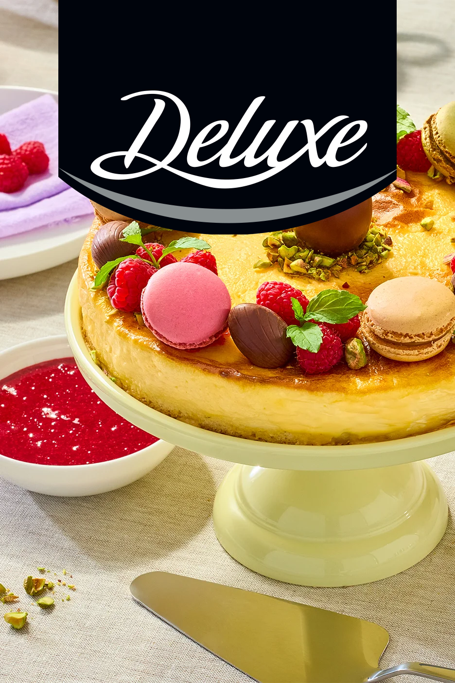 Siera kūka ar avenēm, makaroniem un pistācijām uz statīva, blakus mērce un lāpstiņa. Uzraksts: Deluxe.