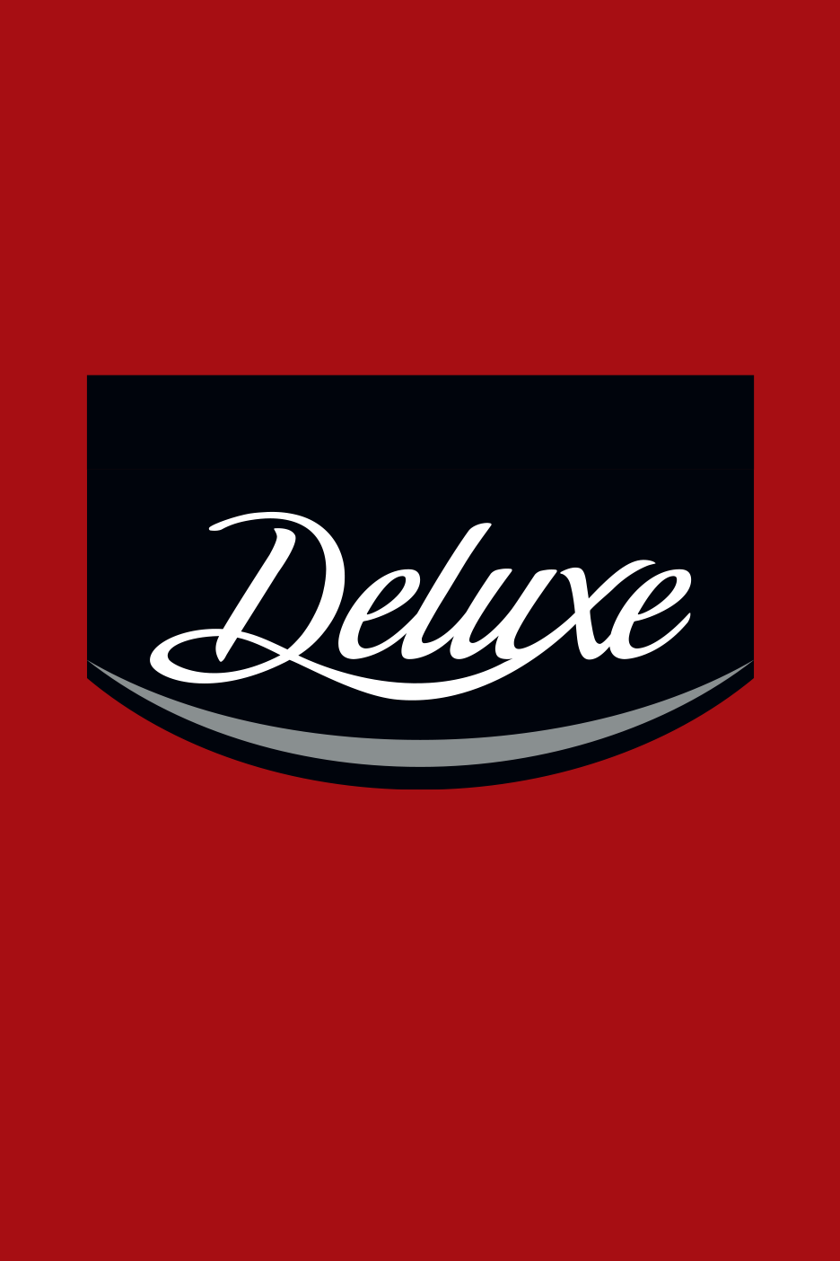 Deluxe logotips uz melna fona ar sarkanu apmali.