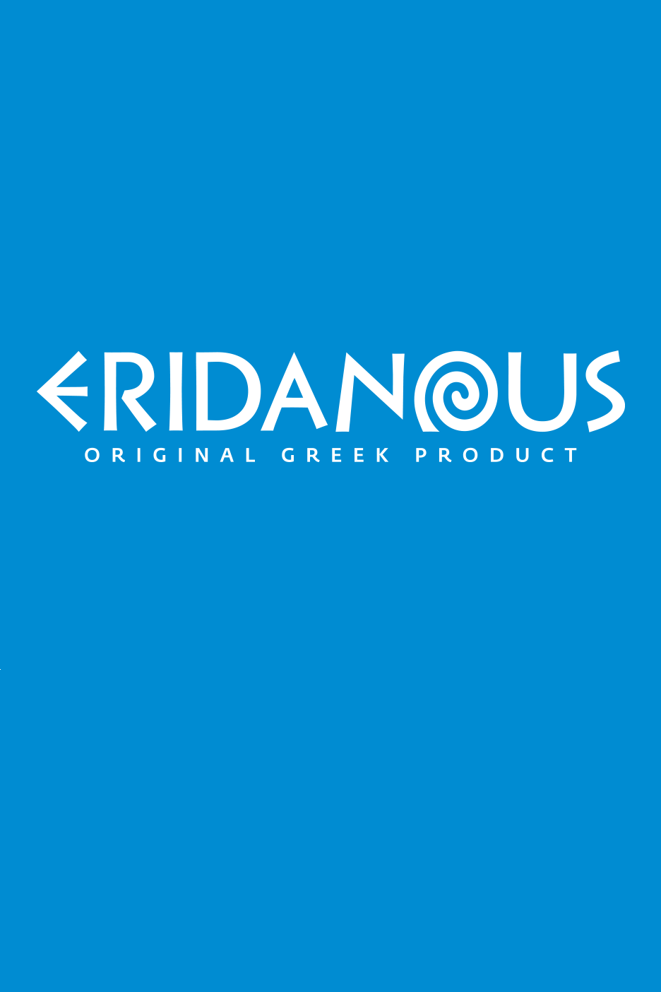 Eridanous logotips ar tekstu 'ERIDANOUS ORIGINAL GREEK PRODUCT' uz zila fona.