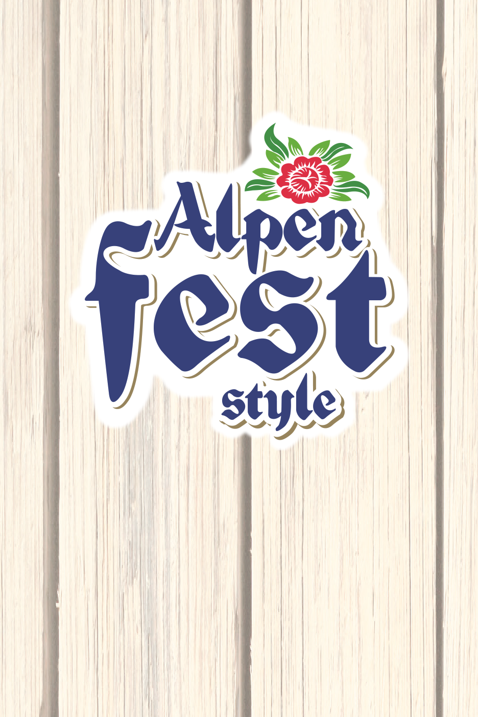 Alpen Fest stila logotips ar sarkanu ziedu uz gaiša koka fona.