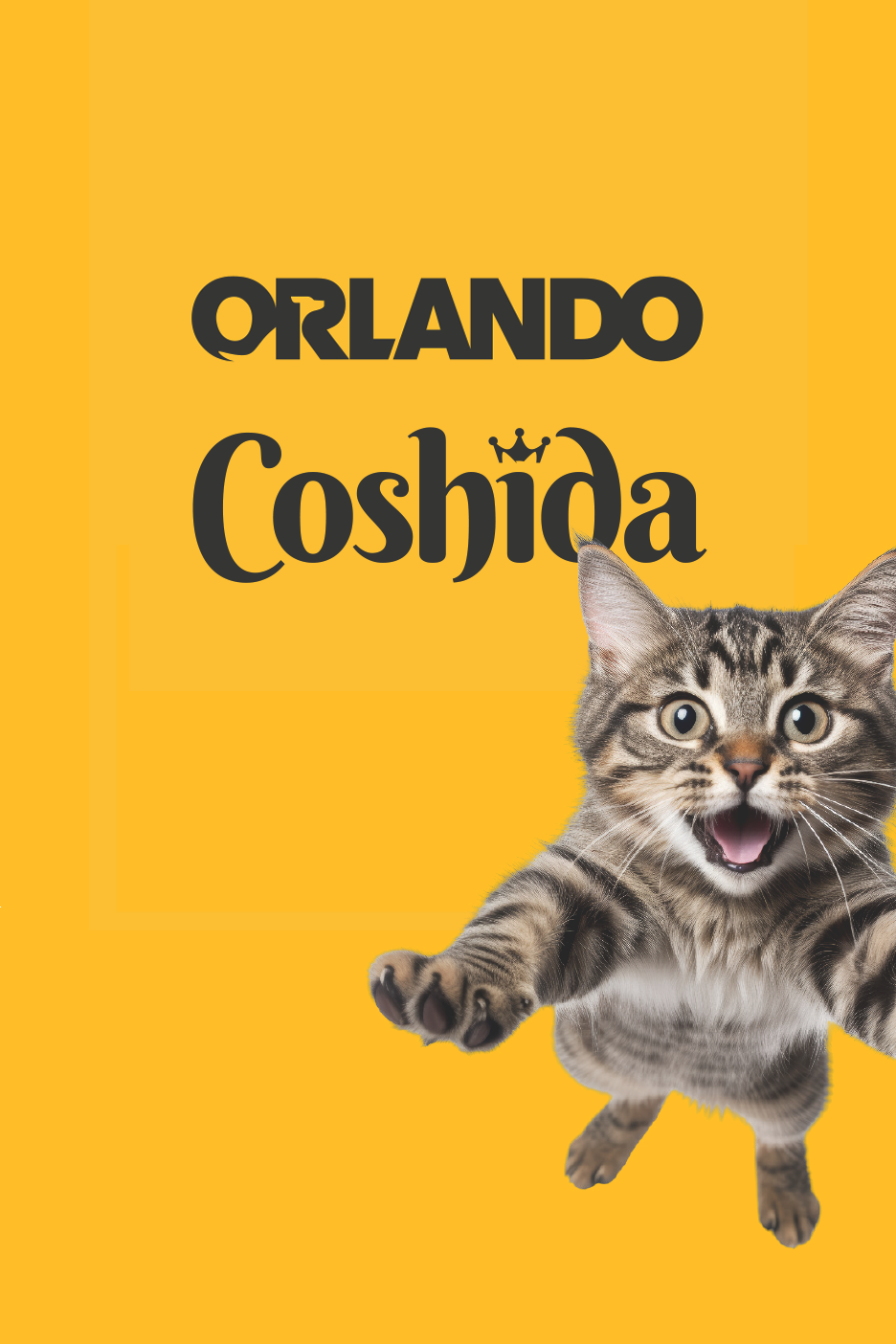 Dzeltenā fonā lēkājošs kaķis ar atvērtu muti un tekstu 'ORLANDO Coshida'.