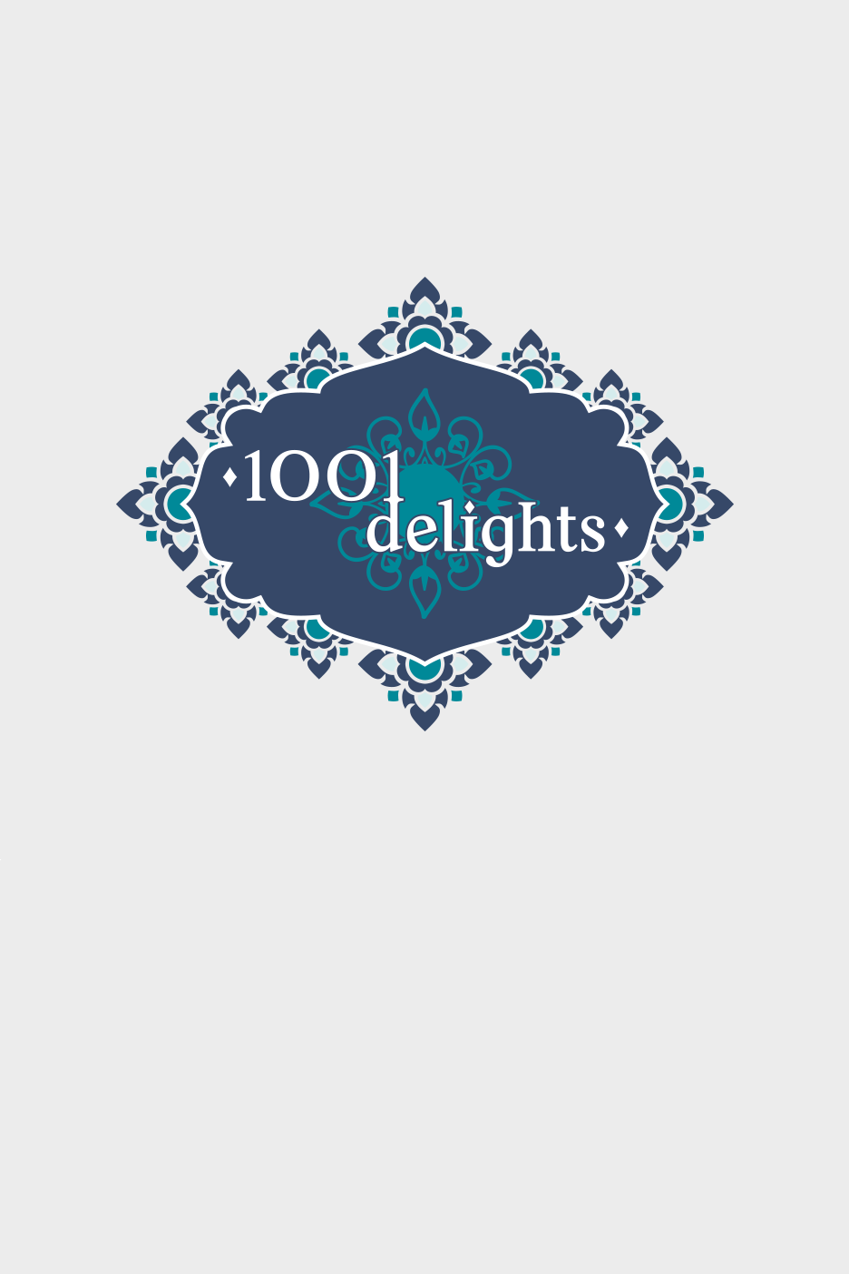 Logotips «1001 delights» austrumu stilā ar zilu un tirkīza ornamentu.