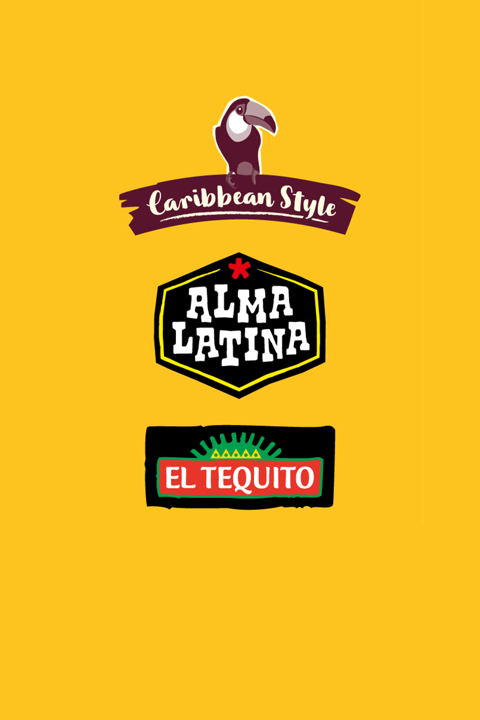 Trīs logotipi ar tukanu, uzrakstiem 'Caribbean Style', 'Alma Latina' un 'El Tequito' uz dzeltena fona.