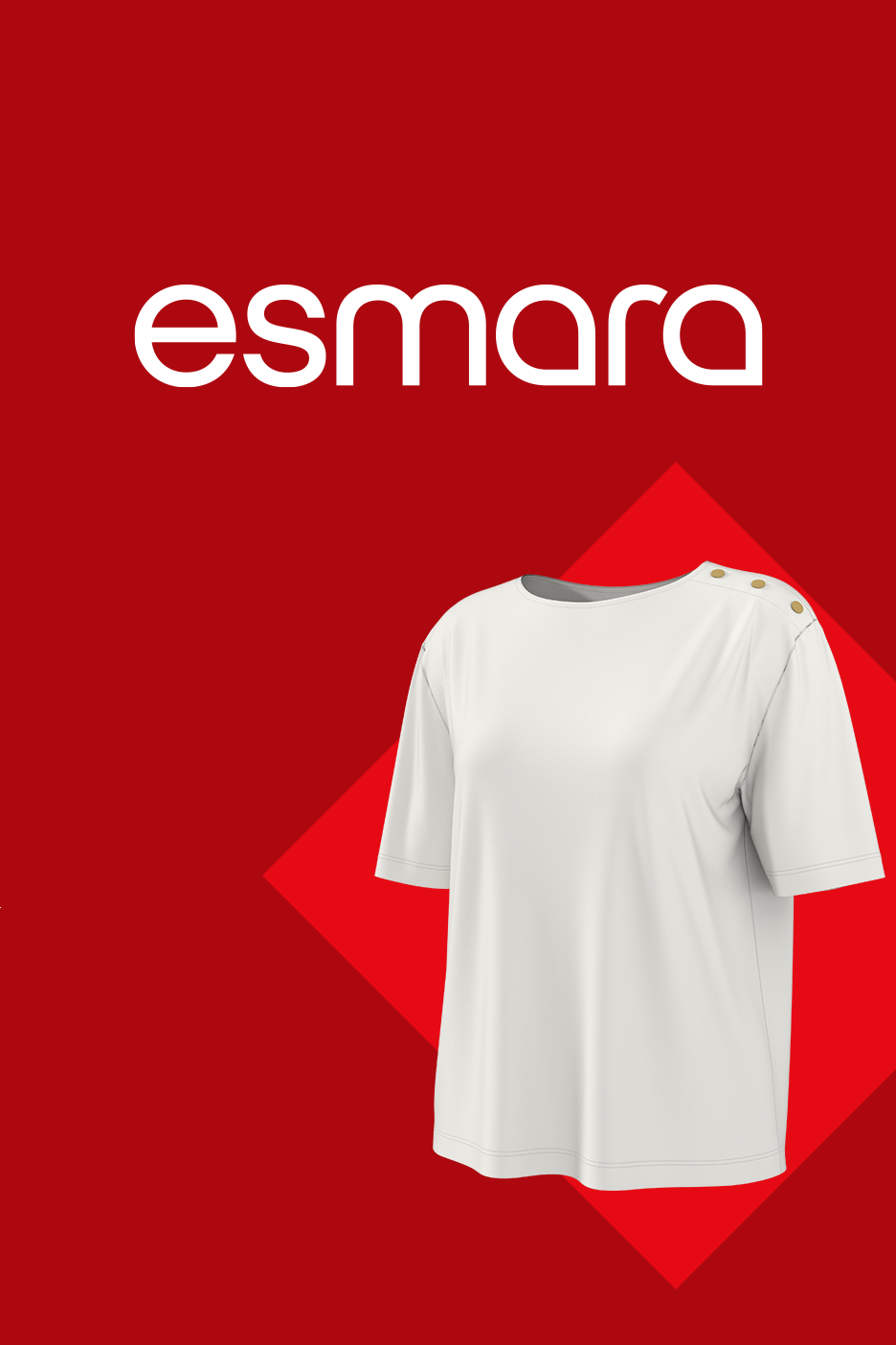 Balts T-krekls ar zelta pogām uz sarkana fona ar ģeometrisku rakstu.