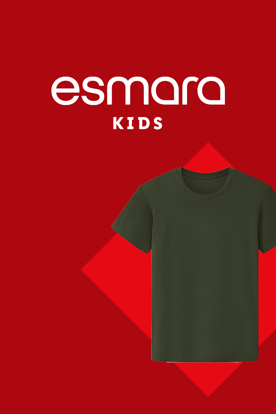 Bērnu zaļš T-krekls uz sarkana fona ar uzrakstu 'KIDS'.