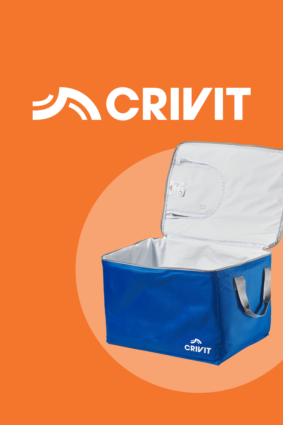 Zila dzesēšanas soma ar atvērtu vāku uz oranža fona.