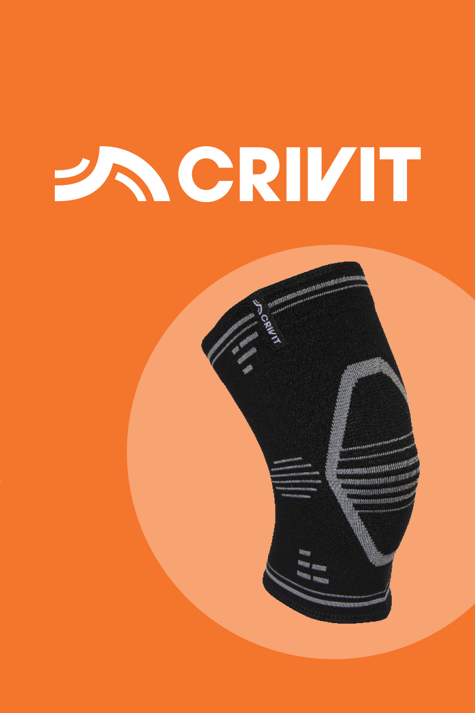 Melns ceļgala balsts ar pelēkiem akcentiem uz oranža fona ar CRIVIT logotipu.