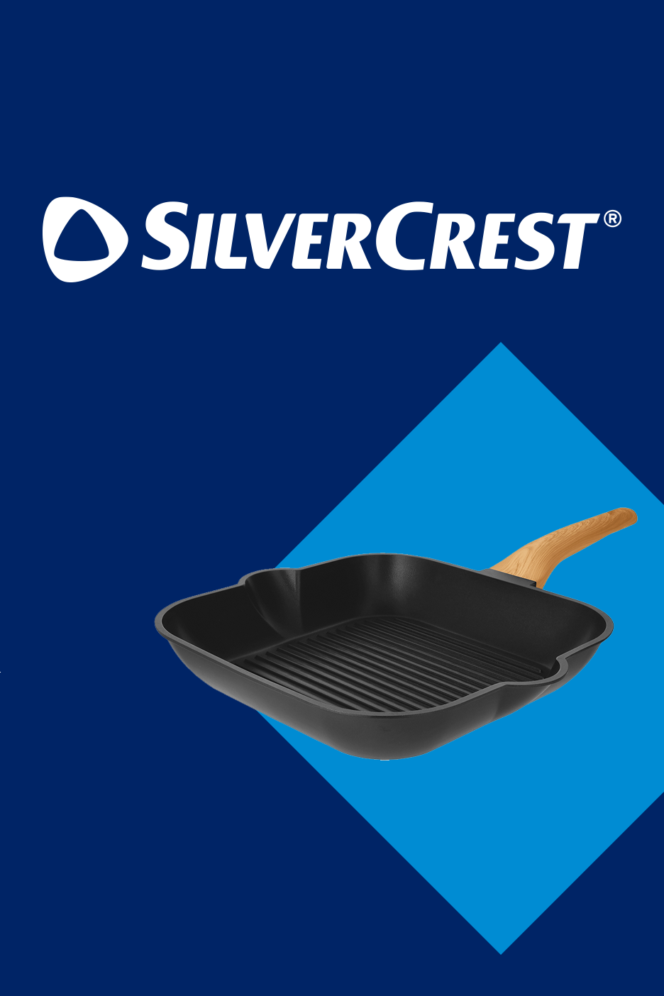 Melna grila panna ar koka rokturi uz zila fona ar ģeometrisku rakstu.