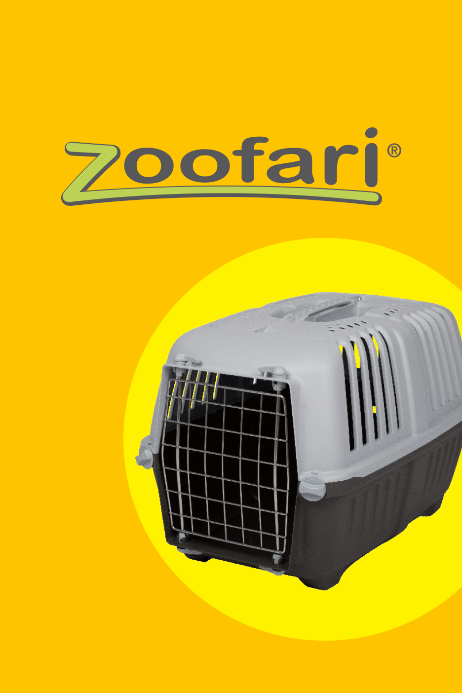Dzīvnieku pārvadāšanas kaste uz dzeltena fona ar logotipu.