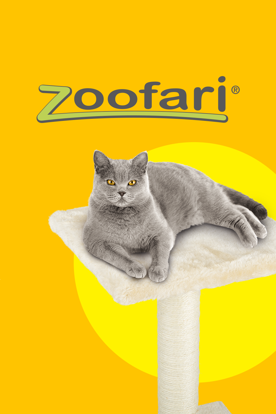 Pelēks kaķis guļ uz balta kaķu koka uz dzeltena fona ar Zoofari logotipu.