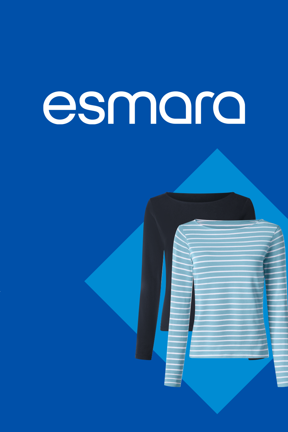 Divi sieviešu garroku krekli, viens melns, otrs gaiši zils ar baltām svītrām, uz zila fona.