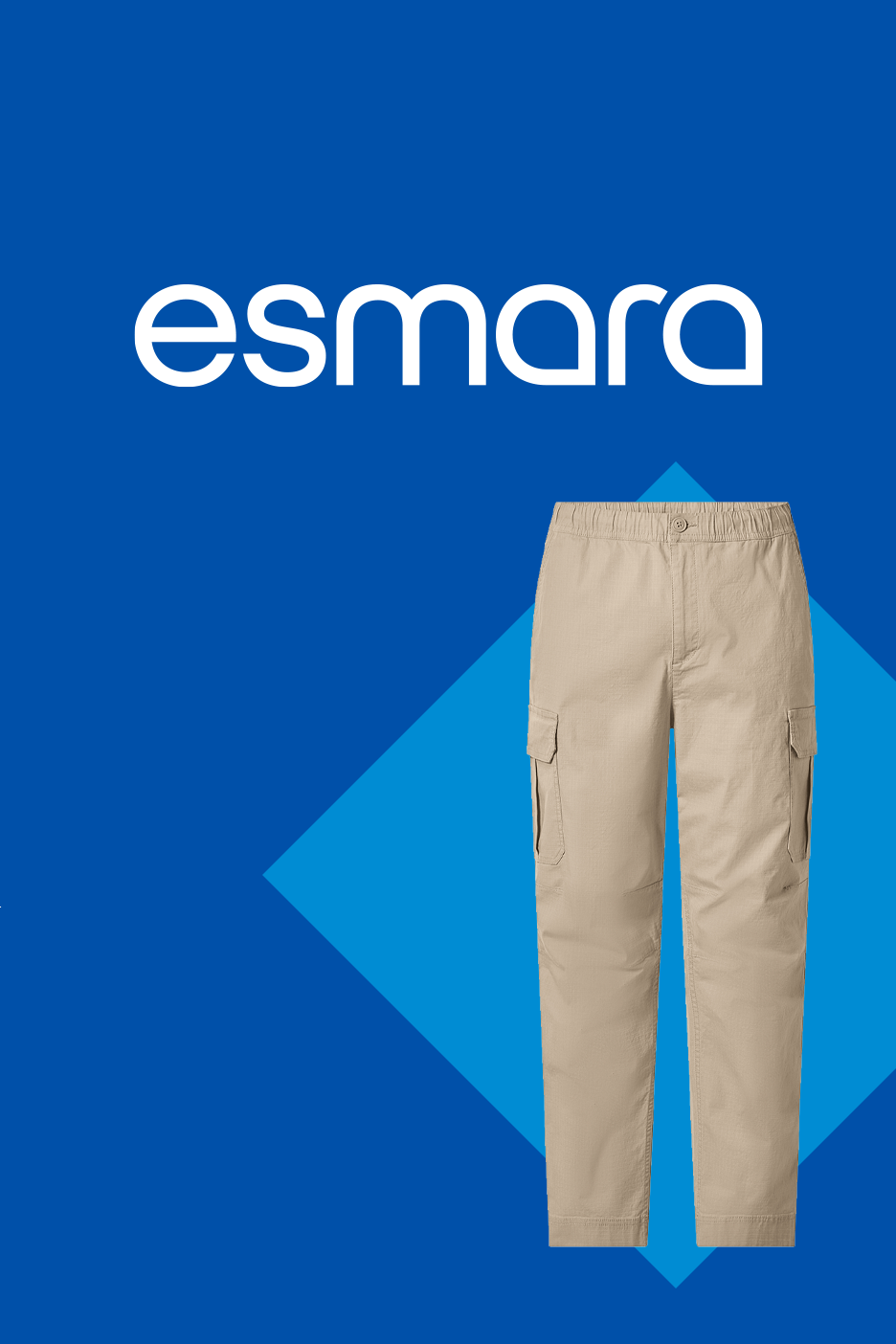 Bēšas kravas bikses uz zila fona ar ģeometriskām figūrām.