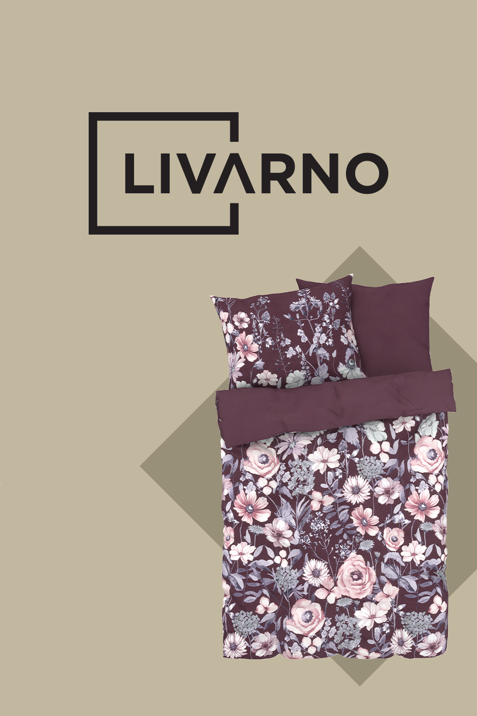 Gultas veļas komplekts ar ziedu rakstu un LIVARNO logotipu.