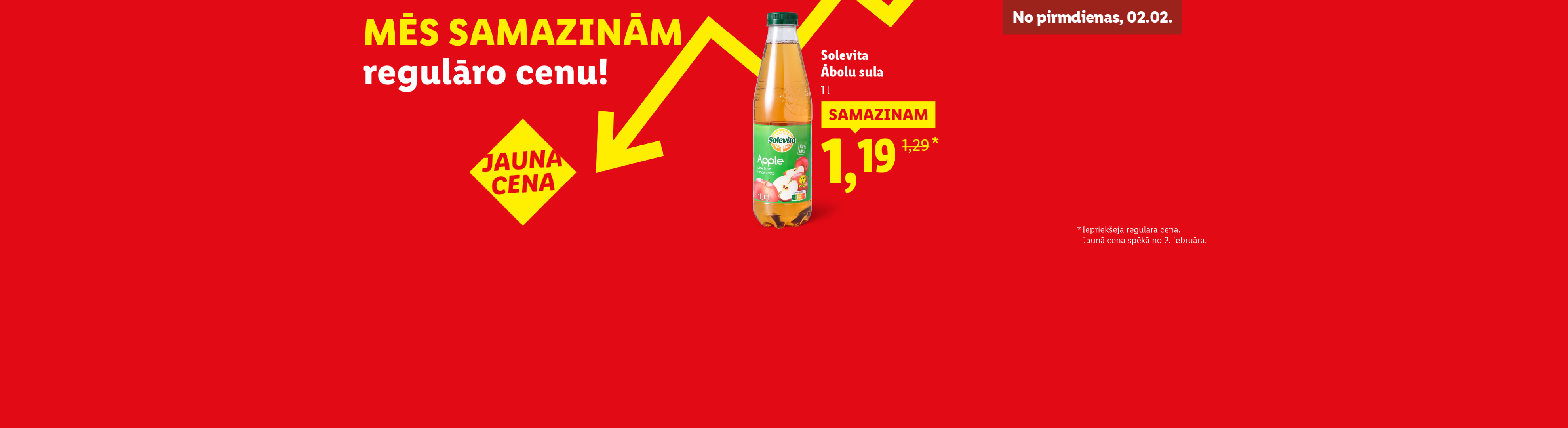 Sarkans fons ar dzeltenu bultu, kas norāda uz ābolu sulas pudeli, ar uzrakstiem 'Mēs samazinām regulāro cenu!' un 'Jauna cena'.