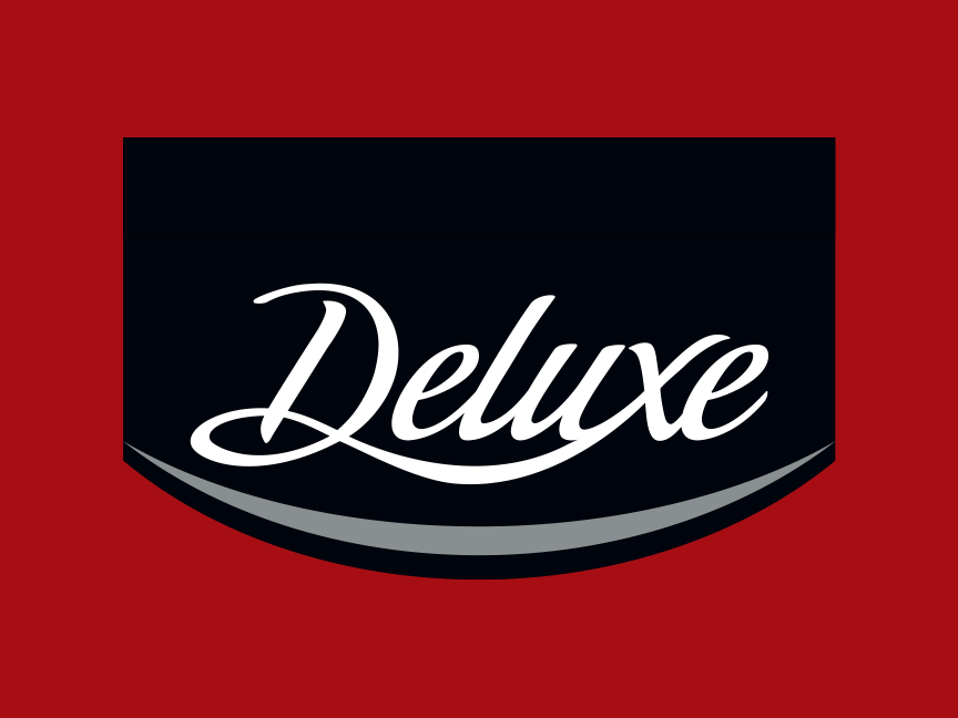 Deluxe logotips uz melna fona ar sarkanu apmali