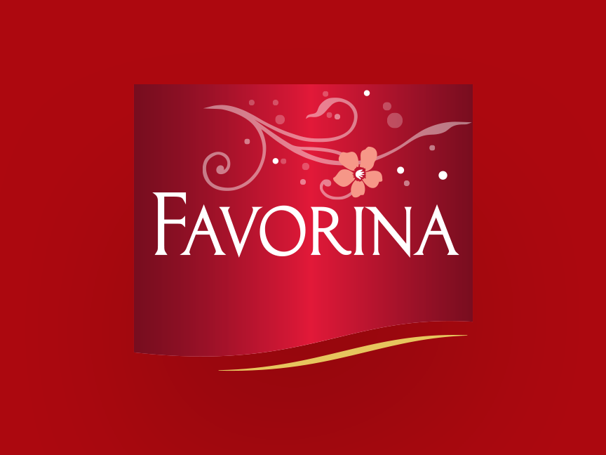 Логотип Favorina с цветком и декоративными элементами на красном фоне.