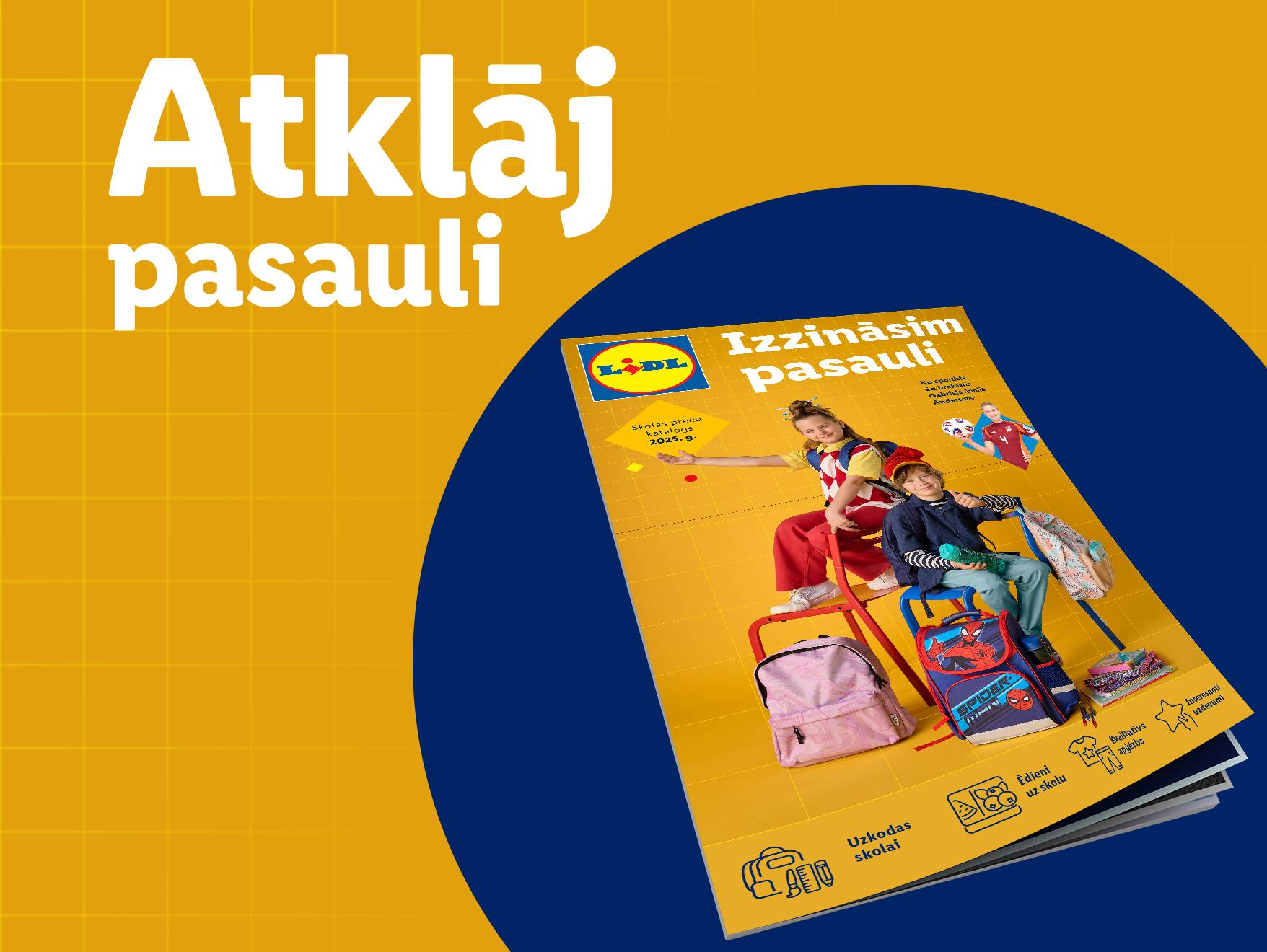 Lidl skolas preču katalogs ar mugursomām, apģērbu un piederumiem.