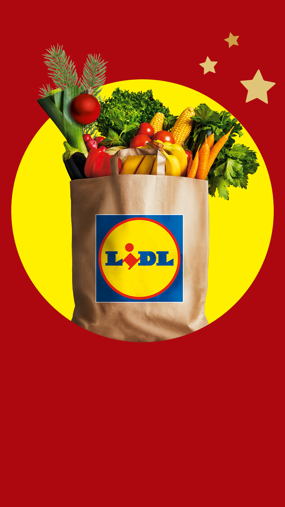 Lidl pārtikas maisiņš ar svaigiem produktiem, tostarp kukurūzu, burkāniem un banāniem, uz sarkana un dzeltena fona ar zvaigznēm.