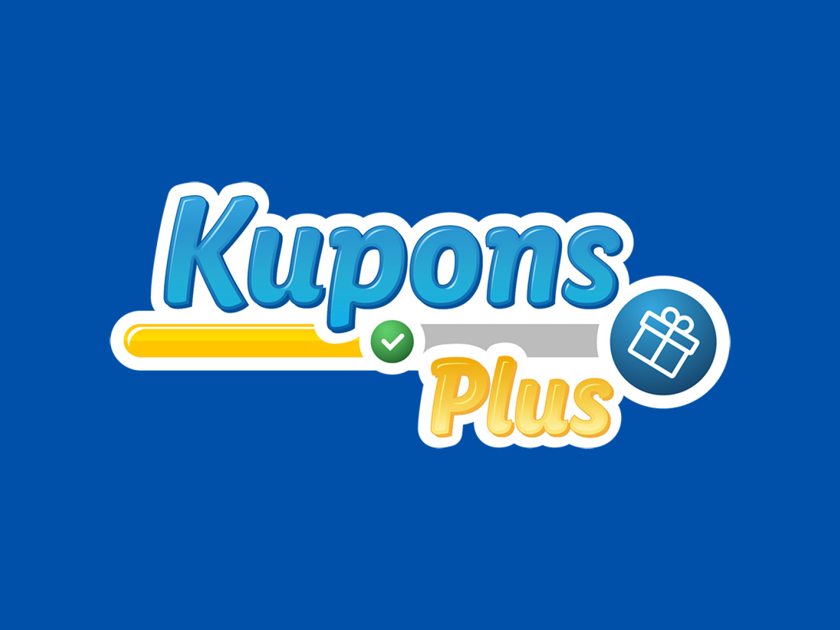 Логотип Kupos Plus с синими и желтыми буквами, а также значком подарка.