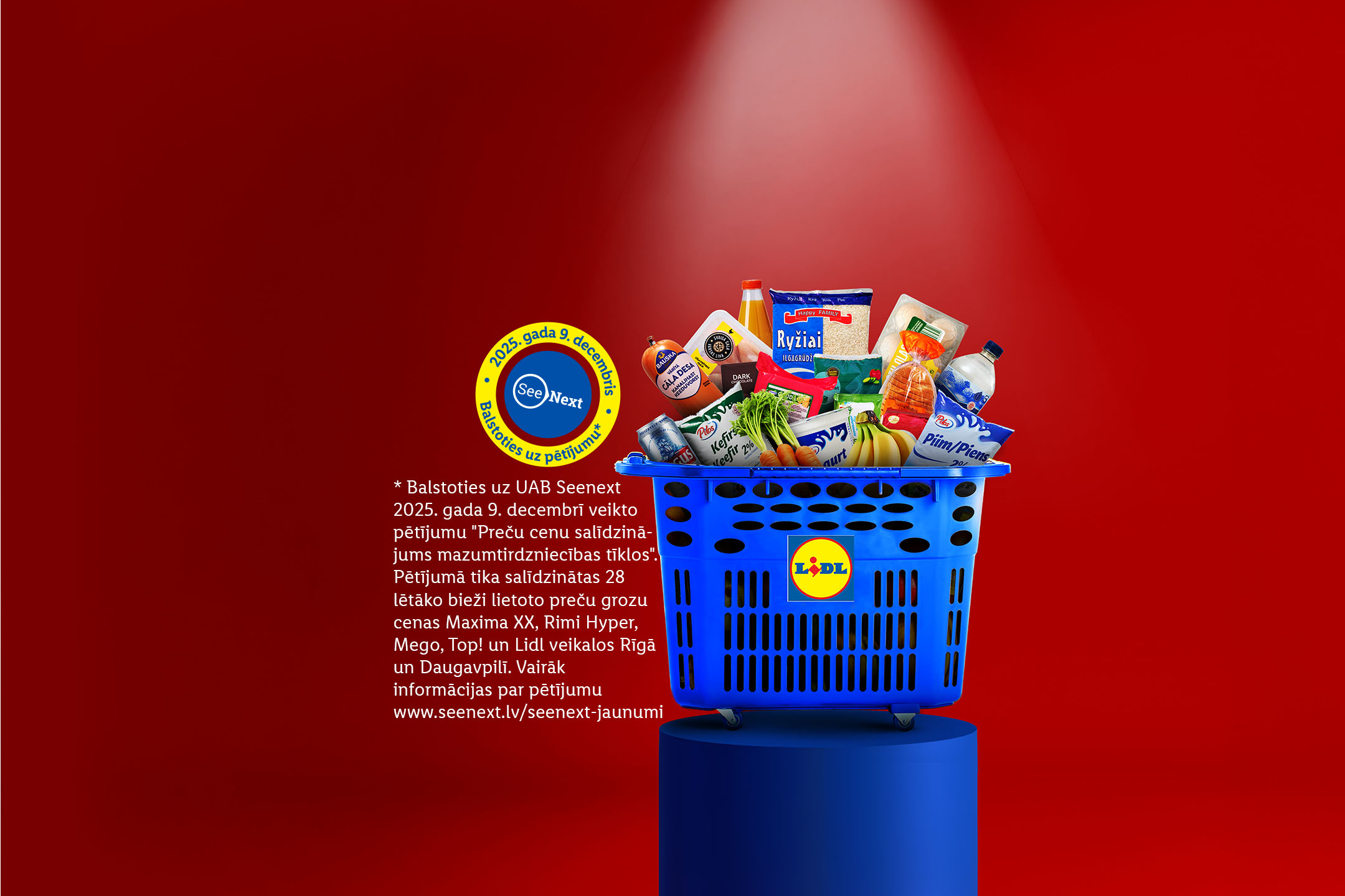 Lidl iepirkumu grozs ar rīsiem, kefīru, desu, maizi un citiem pārtikas produktiem, ar pētījuma atsauci.