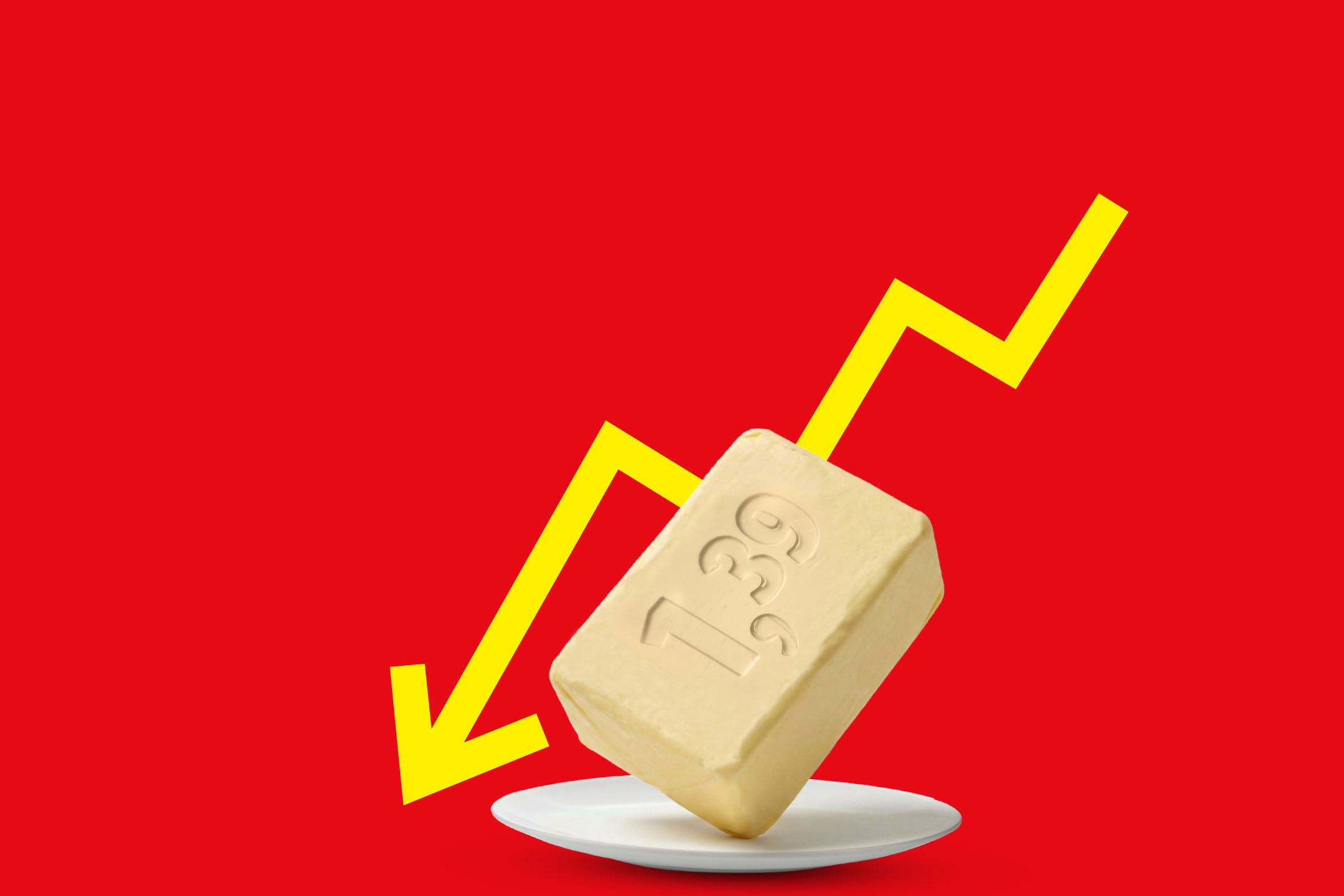 Sviesta gabals uz šķīvja ar dzeltenu lejupejošu bultu uz sarkana fona