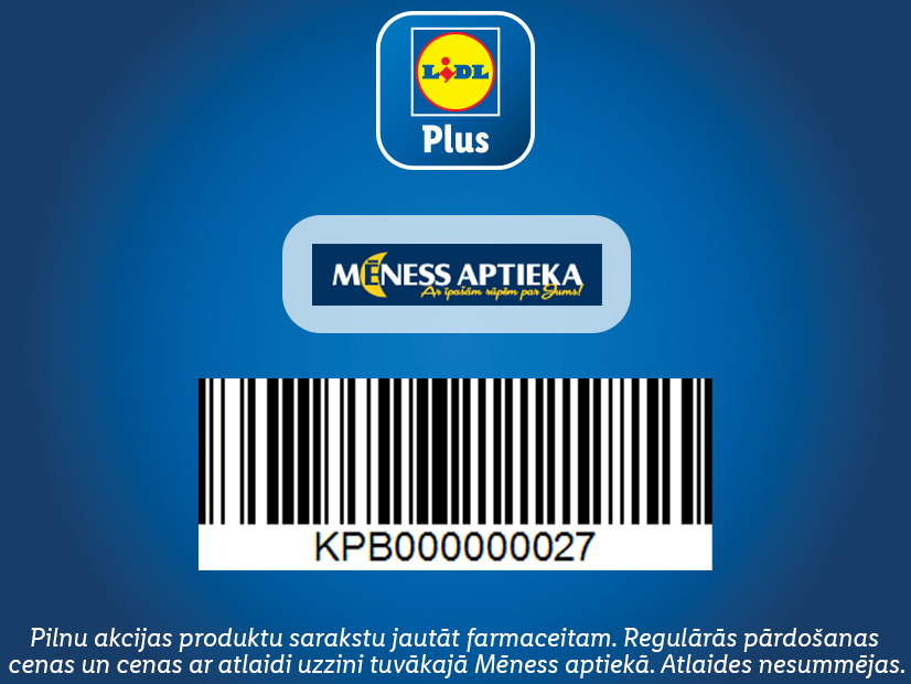 Логотип Lidl Plus, логотип Mēness Aptieka и штрих-код с текстом KPB000000027.