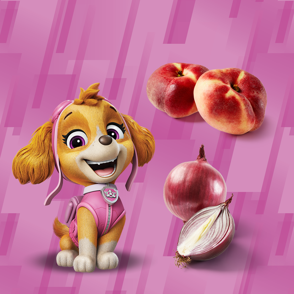 Skye no Paw Patrol ar persikiem un sarkanajiem sīpoliem uz rozā fona.