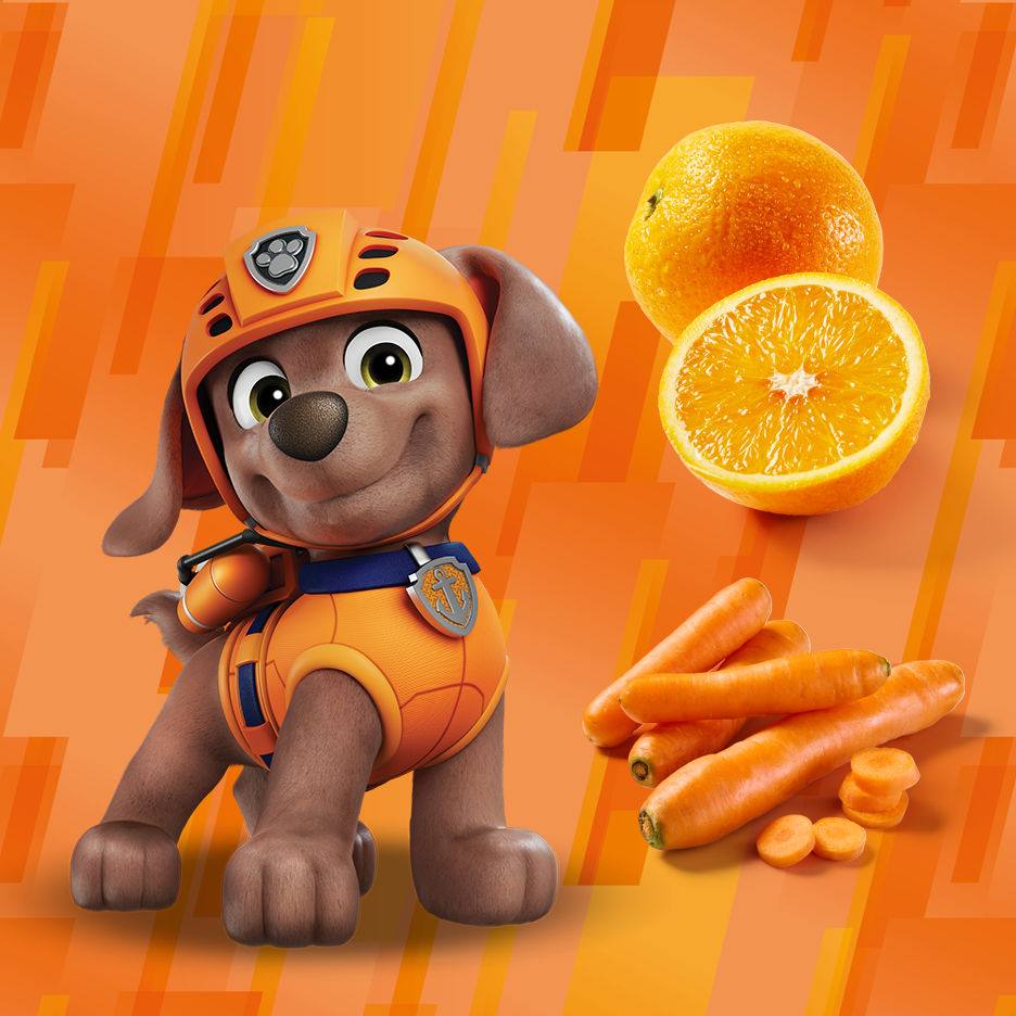 Multfilmas kucēns ar apelsīniem un burkāniem uz oranža fona.