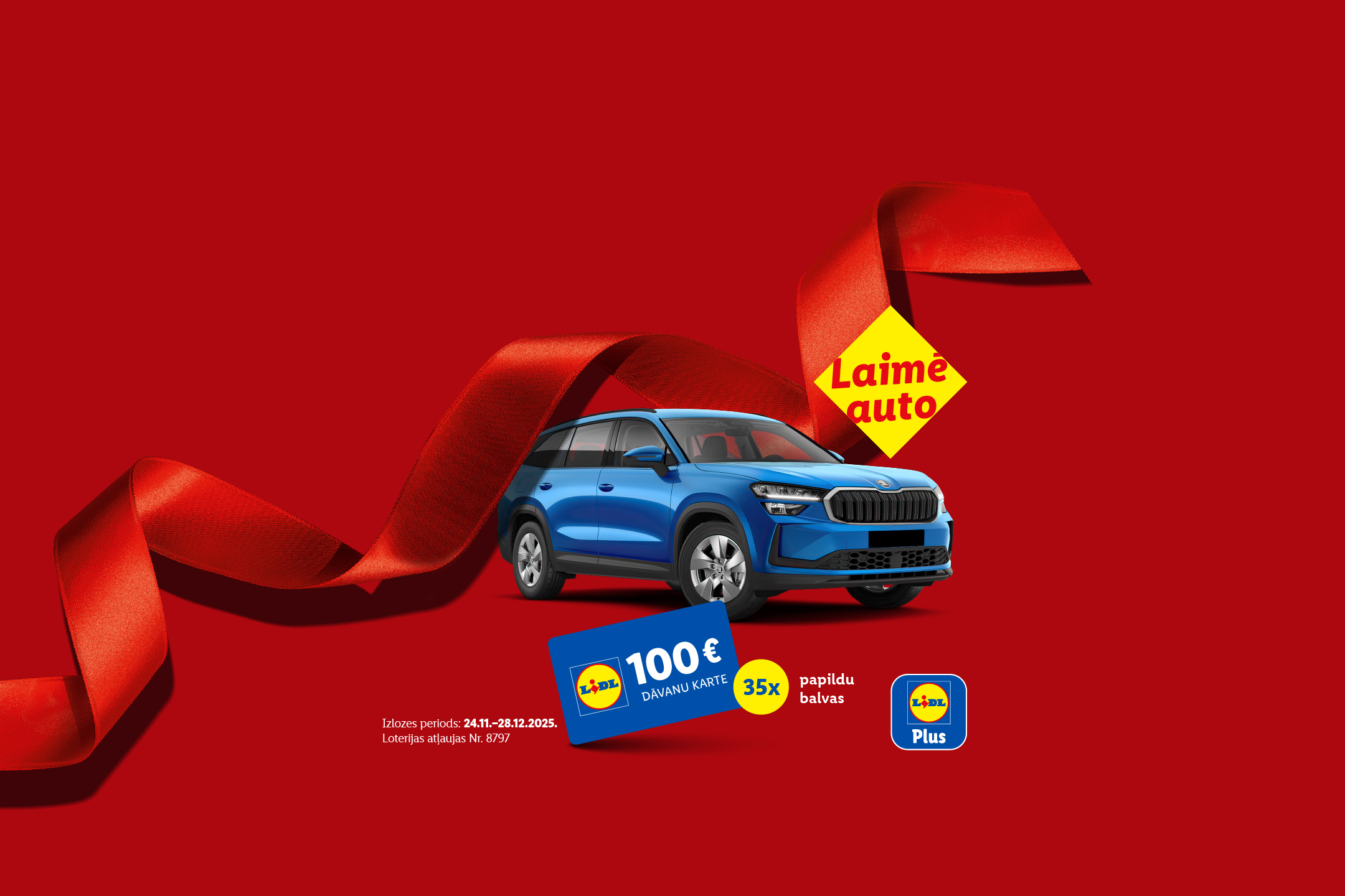 Lidl loterija ar galveno balvu – auto, 100€ dāvanu kartēm un papildu balvām.