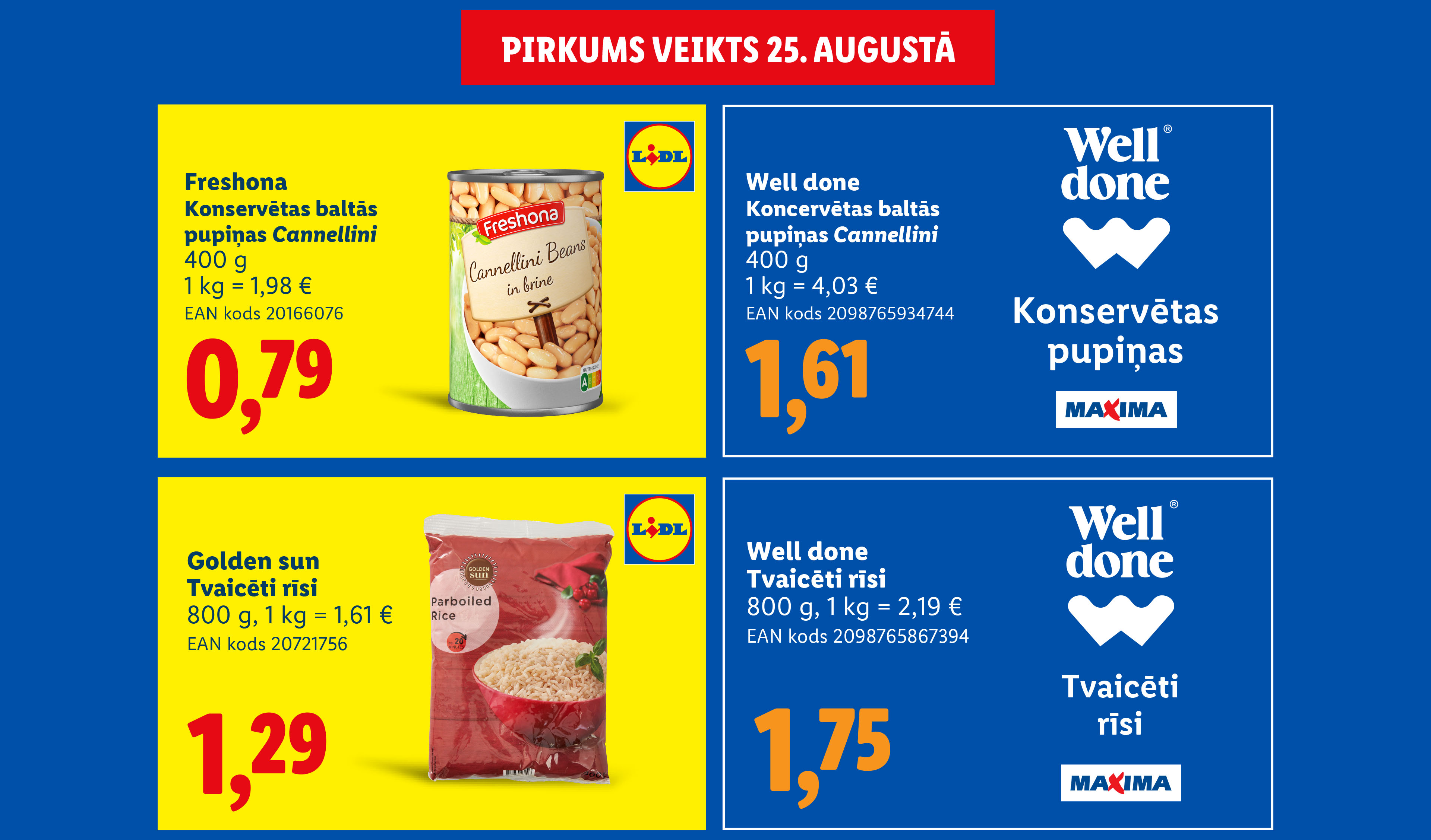 Reklāmas plakāts ar konservētām pupiņām un rīsiem no Lidl un Maxima.